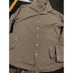 Hugo Boss Mens Brown White Micro Check Regular Fit French Cuff Dress Shirt 16.5